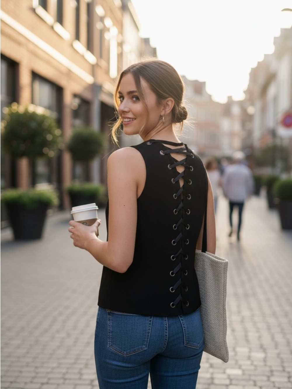 INC Black Corset-Back Tailored Vest Structured Button Front XS